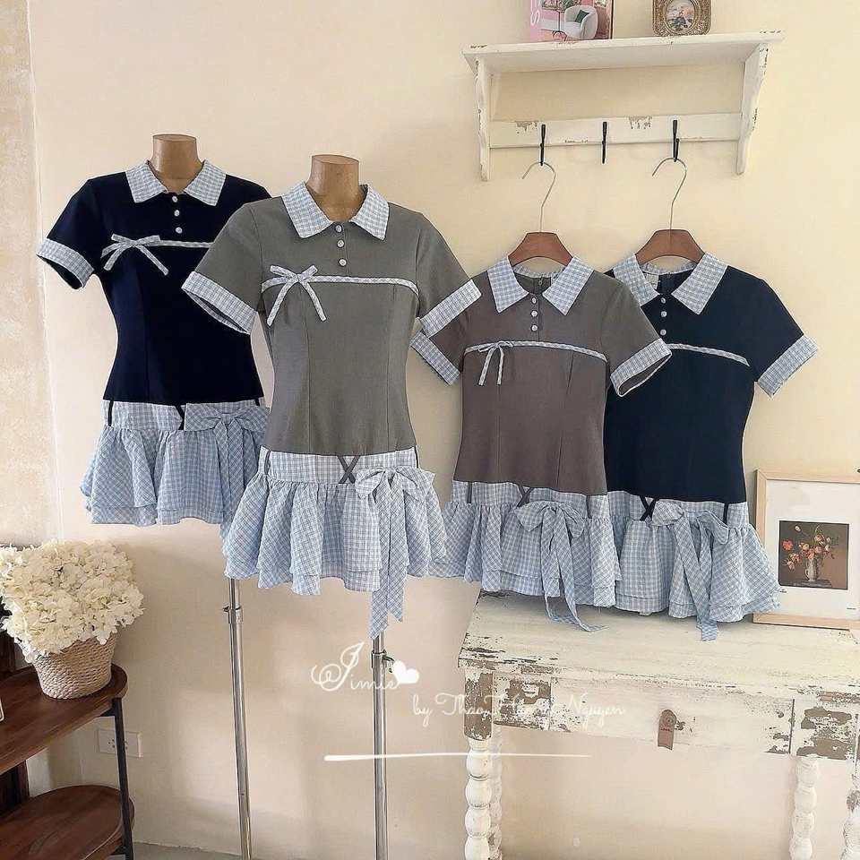 Váy ngắn cổ bẻ phối kẻ váy tầng-duoc-ban-tai-MÍA SHOP - THỜI TRANG NỮ