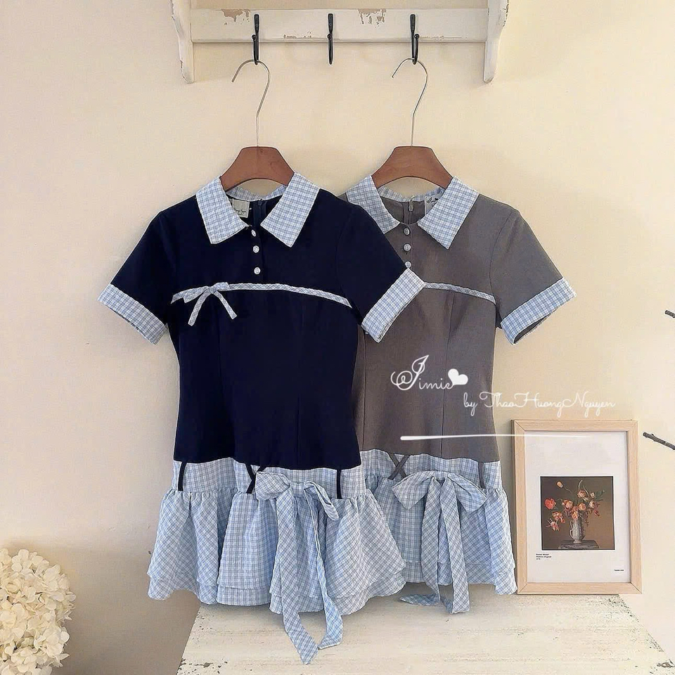 Váy ngắn cổ bẻ phối kẻ váy tầng-duoc-ban-tai-MÍA SHOP - THỜI TRANG NỮ