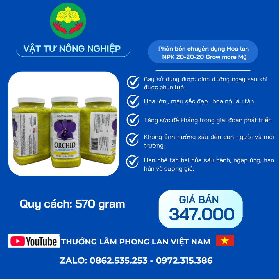 Phân bón lá NPK 20-20-20 Gromore MỸ-duoc-ban-tai-THƯỞNG LÃM PHONG LAN VIỆT NAM