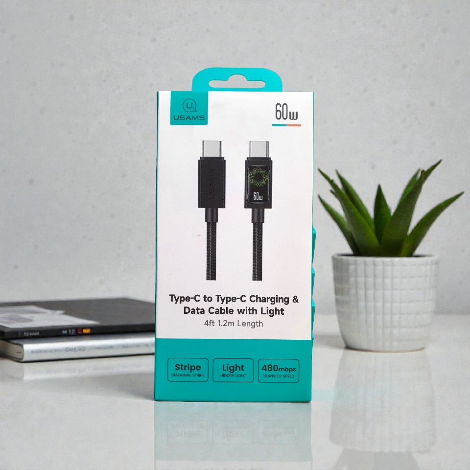Cáp sạc điện thoại Usams SJ773 U92 60W Type-C to Type-C Charging & Data Cable with Light 1.2M - Đen-duoc-ban-tai-ĐIỆN THOẠI DI ĐỘNG KHA OANH