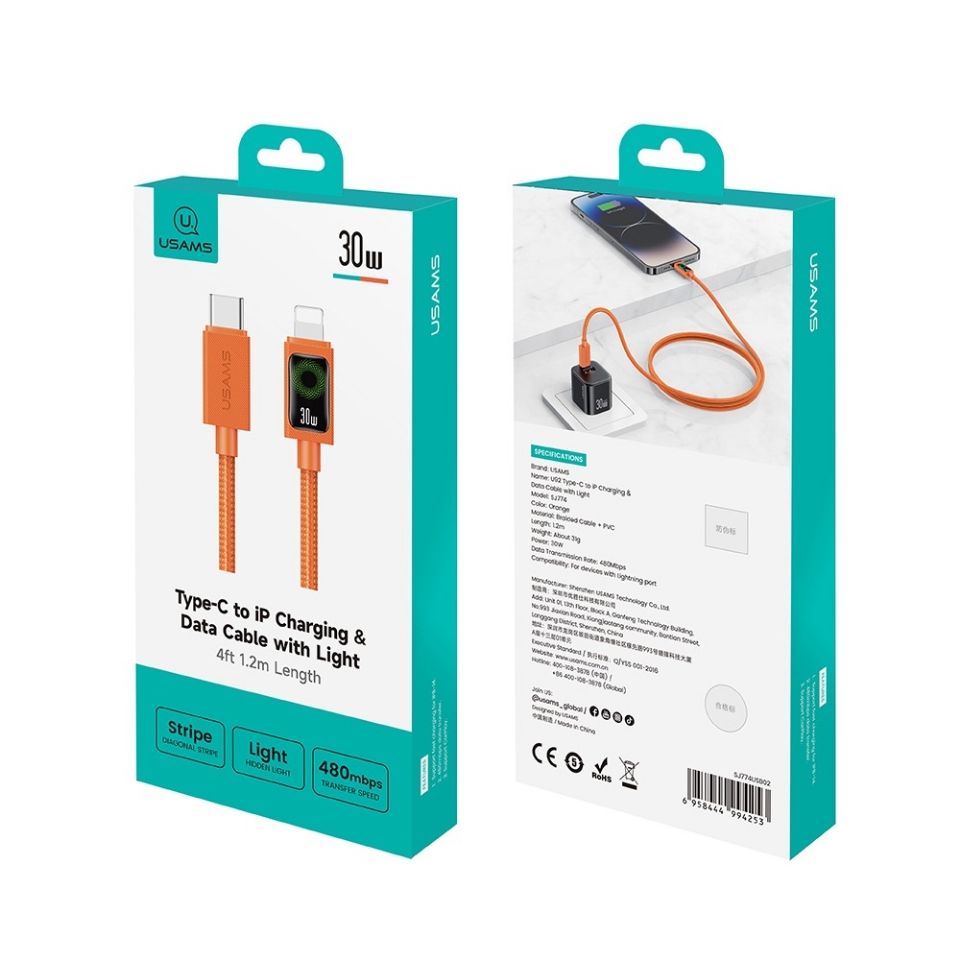Cáp sạc điện thoại Usams SJ774 U92 30W Type-C to iP Charging & Data Cable with Light 1.2M - Đen-duoc-ban-tai-ĐIỆN THOẠI DI ĐỘNG KHA OANH