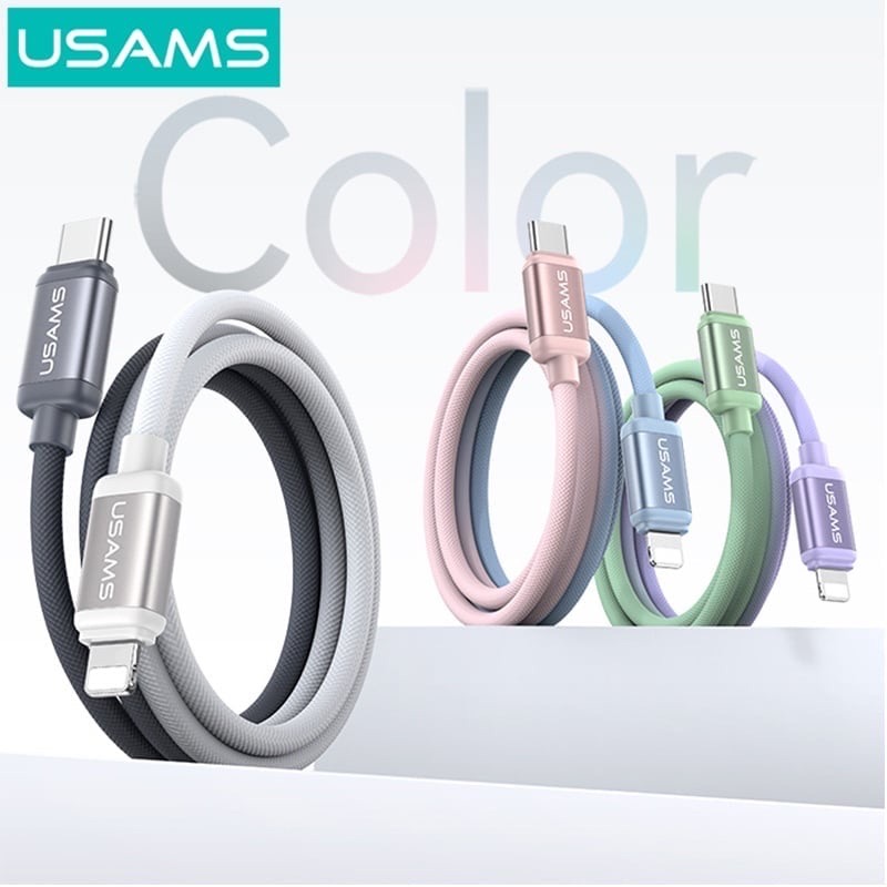 Cáp sạc điện thoại Usams SJ757 PD 30W Aluminum Alloy Fast Charging & Data Cable Type-C To Lightning 1.2m - Xanh dương Hồng-duoc-ban-tai-ĐIỆN THOẠI DI ĐỘNG KHA OANH
