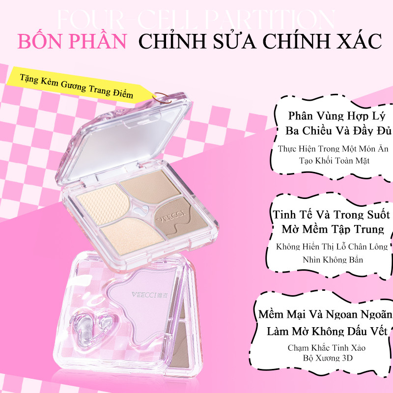 [VEECCI] Bảng phấn tạo khối 4 ô Veecci kèm bắt sáng kẻ caro hồng-duoc-ban-tai-ENSTORE