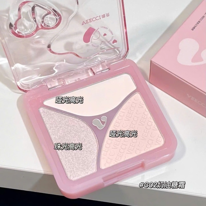 [VEECCI] Bảng phấn highlight 3 ô Veecci vỏ trái tim hồng gợn sóng-duoc-ban-tai-ENSTORE