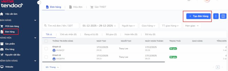 chọn tạo đơn hàng để khởi tạo đơn mới trong mục đơn hàng
