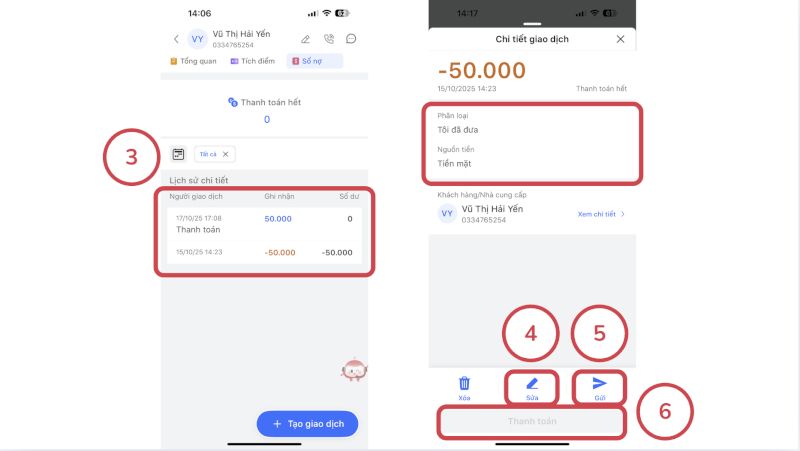 nhấn vào dòng giao dịch nợ xem các chức năng quan trọng