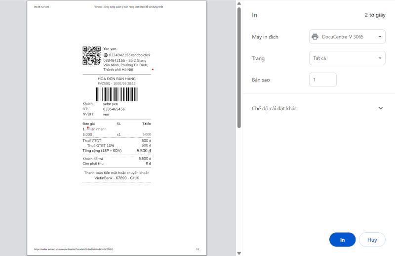 Chọn máy in và nhấn in