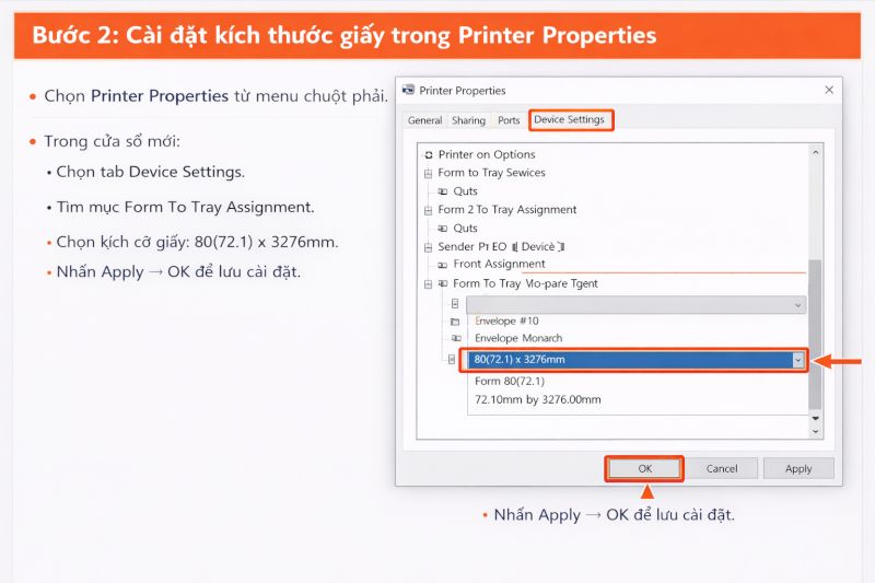 Chọn tab Device Settings và chọn 80(72.1) x 3276mm