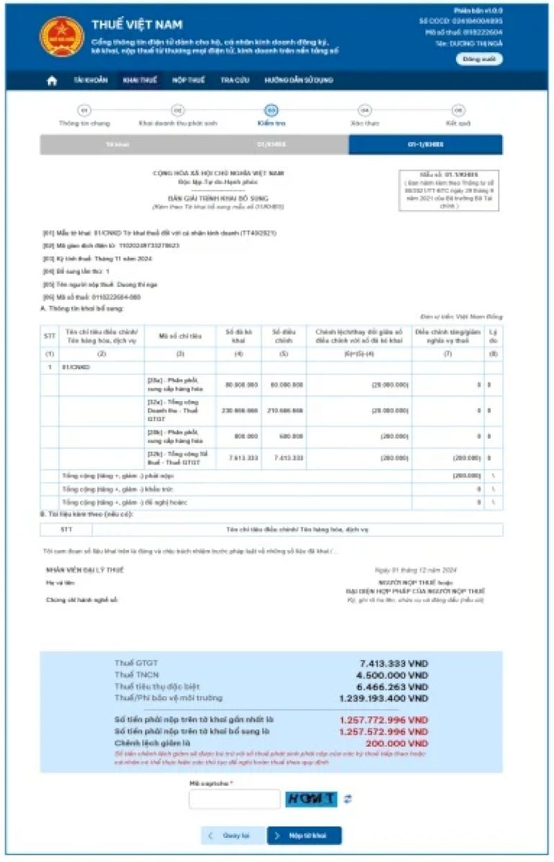 Bản giải trình khai bổ sung