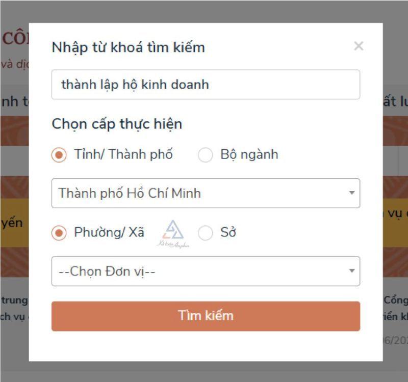 Bước 2: Trên thanh tìm kiếm, Nhập từ khóa “thành lập hộ kinh doanh”