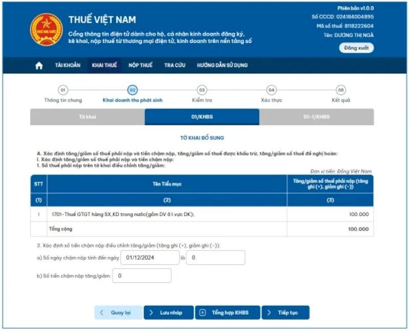 Bước 3: Điều chỉnh các thông tin trên tờ khai bổ sung