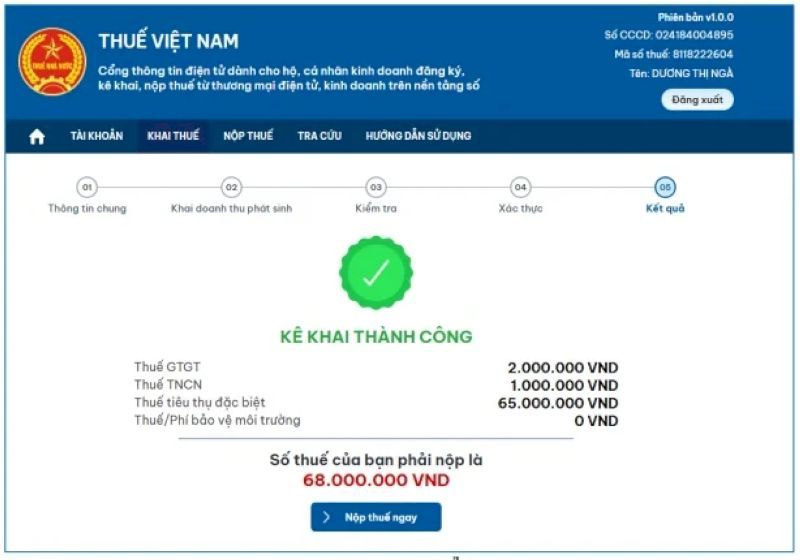 Bước 4: Nhấn “Tiếp tục”, hệ thống hiển thị màn hình kê khai thành công.