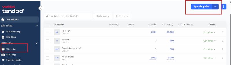 bấm vào Tạo sản phẩm tại màn hình Quản lý