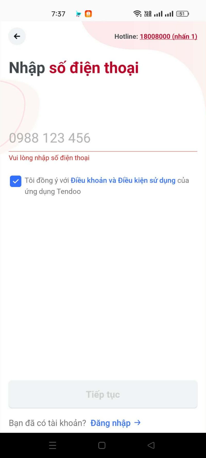 Đăng nhập trên ứng dụng điện thoại
