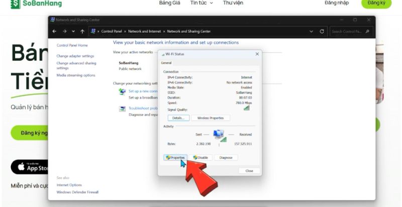 Mở Network Settings và chọn Properties mạng đang dùng