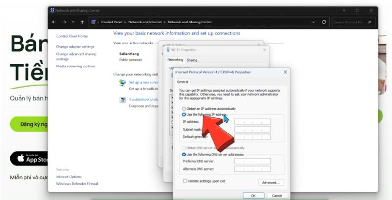 Chọn Use the following IP address