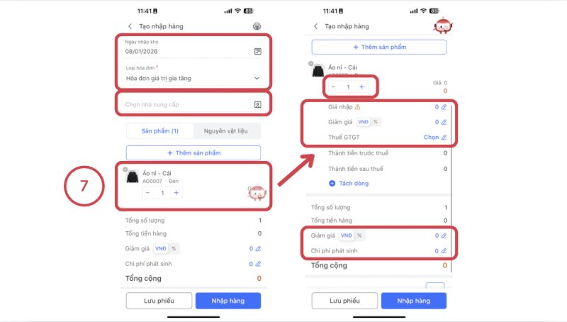 Nhập thông tin cần thiết để nhập hàng