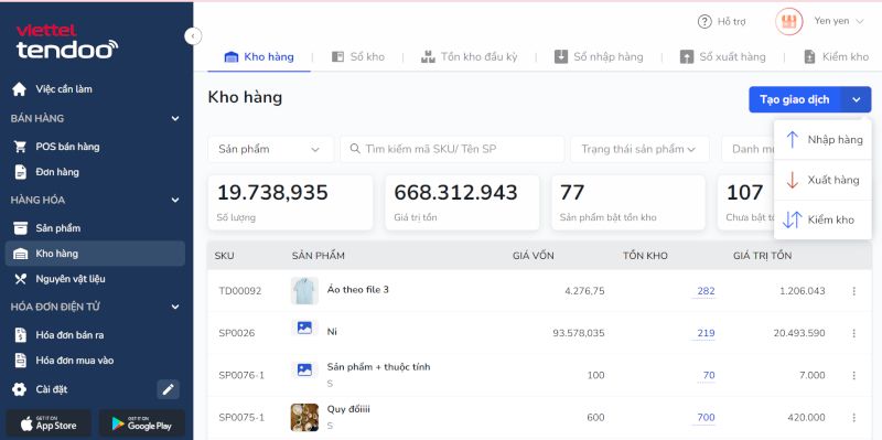 Hướng dẫn truy cập chức năng nhập kho trên website