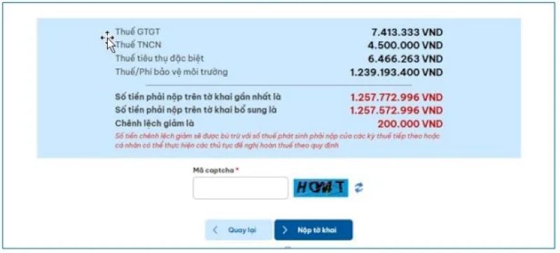 Nếu thông tin kê khai đã chính xác, chọn “Mã Captcha” và bấm “Nộp tờ khai” sau đó nhập mã OTP được gửi về điện thoại.