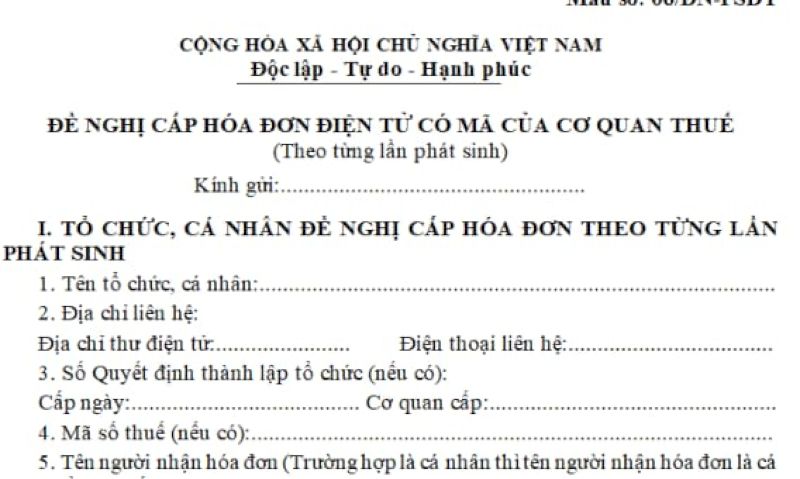 Đơn đề nghị cấp HĐĐT có mã của cơ quan Thuế