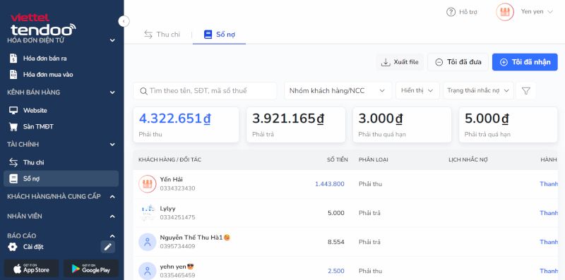 Hạch toán rõ ràng doanh thu, tiền thu và công nợ trên Tendoo