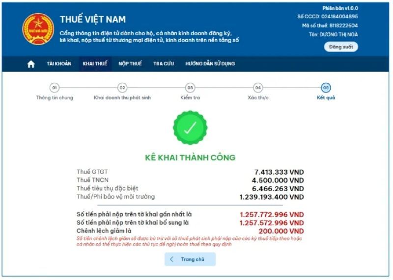Bước 6: Nhấn “Tiếp tục”, hệ thống hiển thị màn hình kê khai thành công