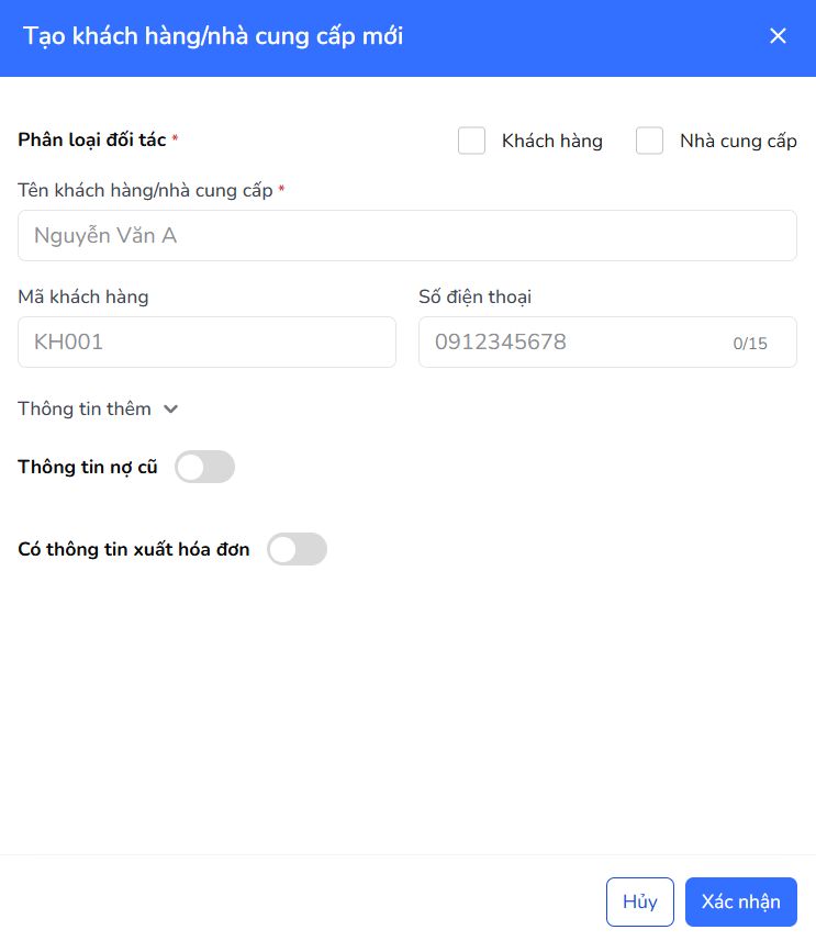 Điền các thông tin như tên, phân loại, số điện thoại