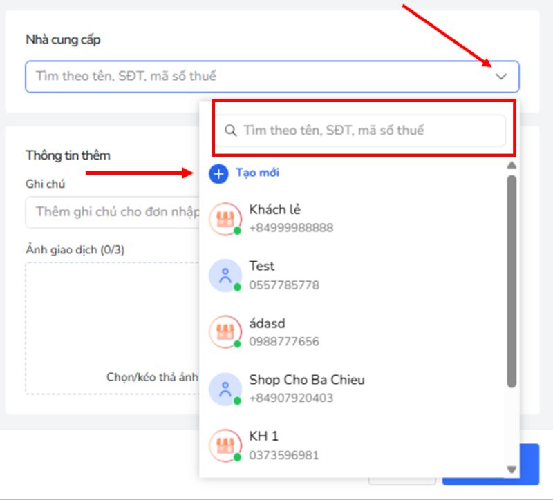 Chọn nhà cung cấp sẵn có hoặc tạo mới nhà cung cấp