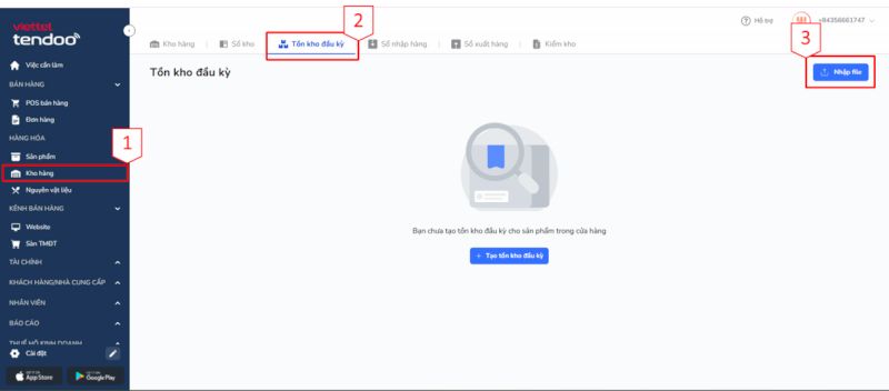 Tại kho hàng chọn tồn kho đầu kỳ và nhập file