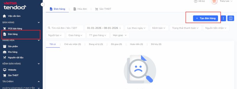 Truy cập vào mục đơn hàng, chọn tạo đơn hàng mới