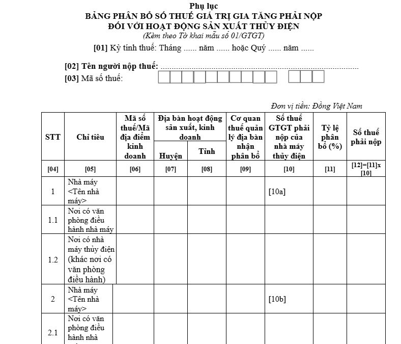 Hướng dẫn kê khai phụ lục mẫu số 01-2/GTGT