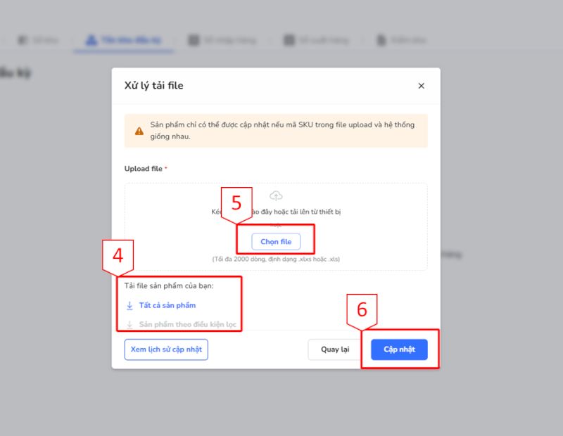 Tải file mẫu và Điền số lượng tồn kho, kéo thả file theo các bước