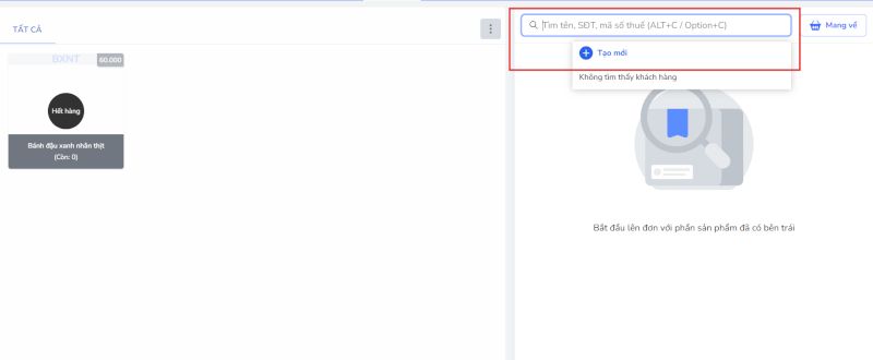 Kích vào ô tìm kiếm khách hàng ở bên phải màn hình, chọn Tạo mới