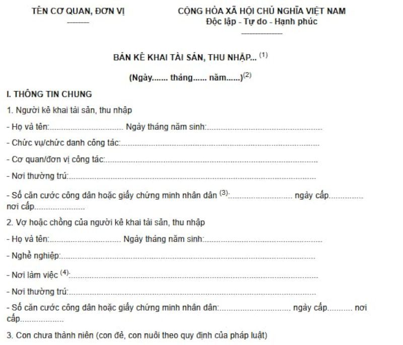 Mẫu đơn kê khai tài sản