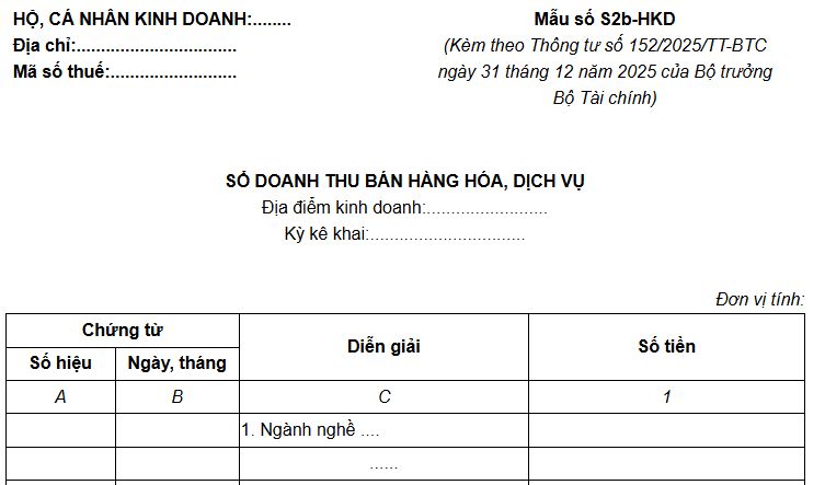 Mẫu sổ S2b-HKD giúp ghi nhận doanh thu bán hàng để xác định nghĩa vụ thuế