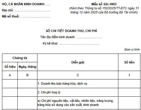 Mẫu số S2c-HKD sổ chi tiết doanh thu chi phí theo Thông tư 152/2025/TT-BTC