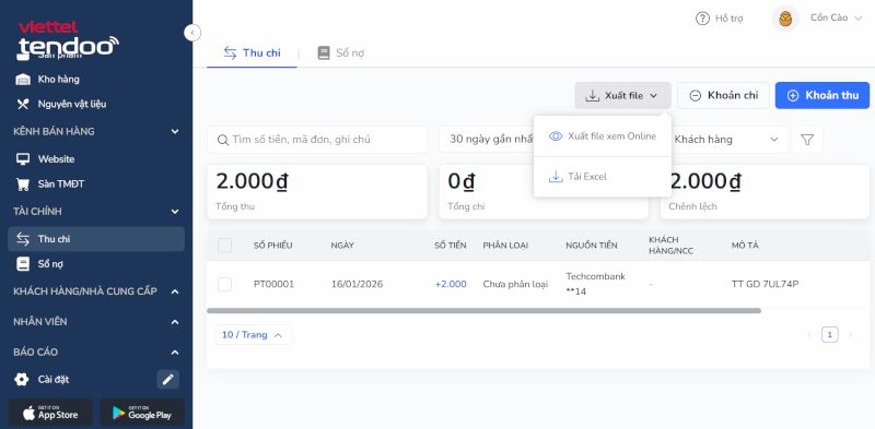 Thực hiện xuất file thu chi