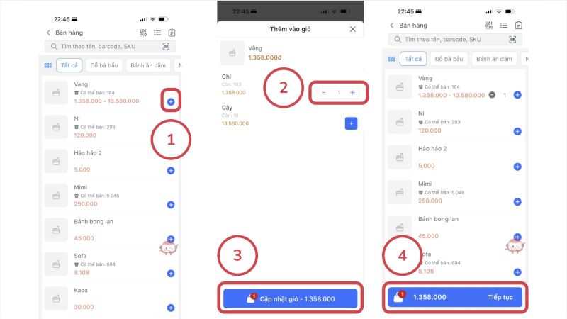 Chọn sản phẩm và số lượng lên hóa đơn