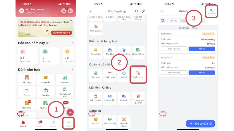 màn hình Quản lý chọn Thêm và Chọn Quản lý ca và sửa quyền