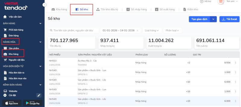 Bước 1: Truy cập vào tính năng Sổ kho