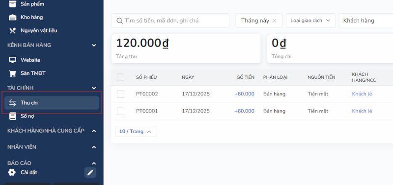 Truy cập vào chức năng thu chi