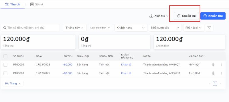 Chọn vào mục - khoản chi