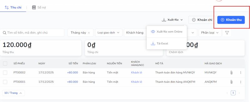 Chọn vào mục và click khoản thu