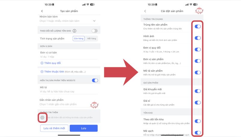 tùy chỉnh các thông tin sản phẩm