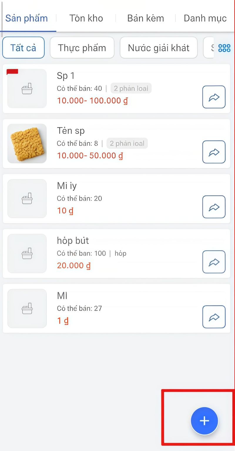 Bấm vào biểu tượng dấu (+) để tạo sản phẩm