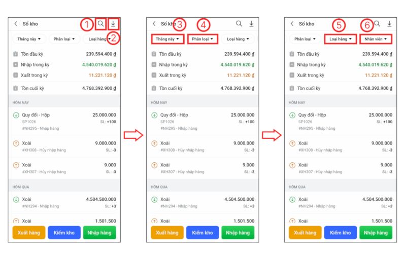 Bộ lọc và tìm kiếm trong sổ kho Tendoo giúp truy xuất dữ liệu nhanh