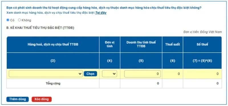 Trường hợp tích chọn có hệ thống hiển thị bảng kê khai thuế TTĐB