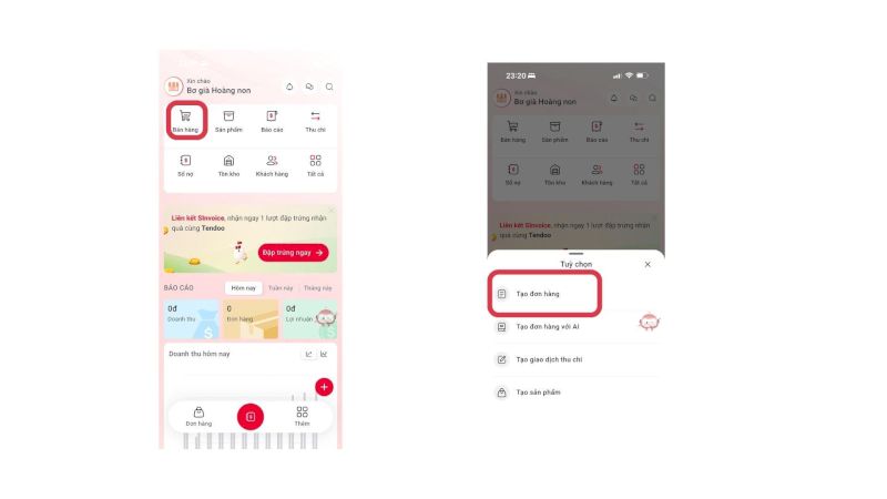 Truy cập nhanh chức năng tạo đơn hàng trên Tendoo
