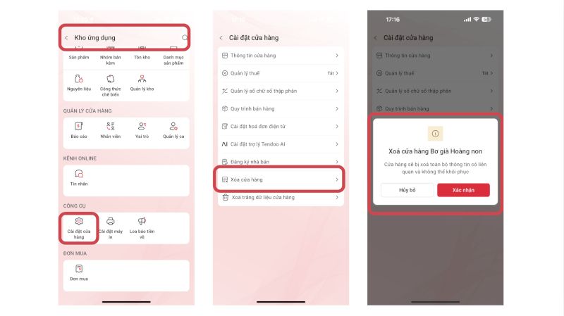 Xoá tài khoản qua Cài đặt cửa hàng